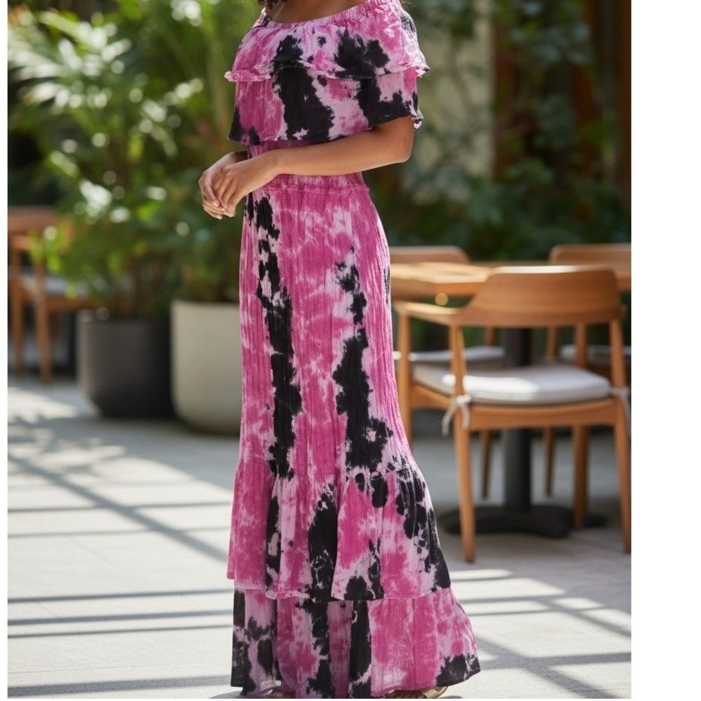 Ash & Sara Womens Pink Black Tie Dye‎ Cotton Off Shoulder Maxi Dress L Festival